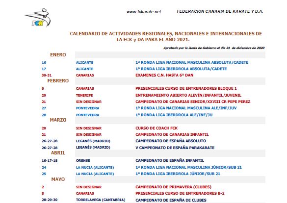 Calendario Federación Canaria de Karate 2021